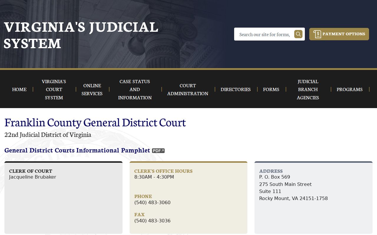 Franklin County General District Court contact for traffic warrant records